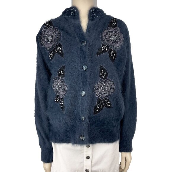 VINTAGE Incredible Angora Fluffy Embellished Floral Beaded Grandma Cardigan S-M - Picture 3 of 7